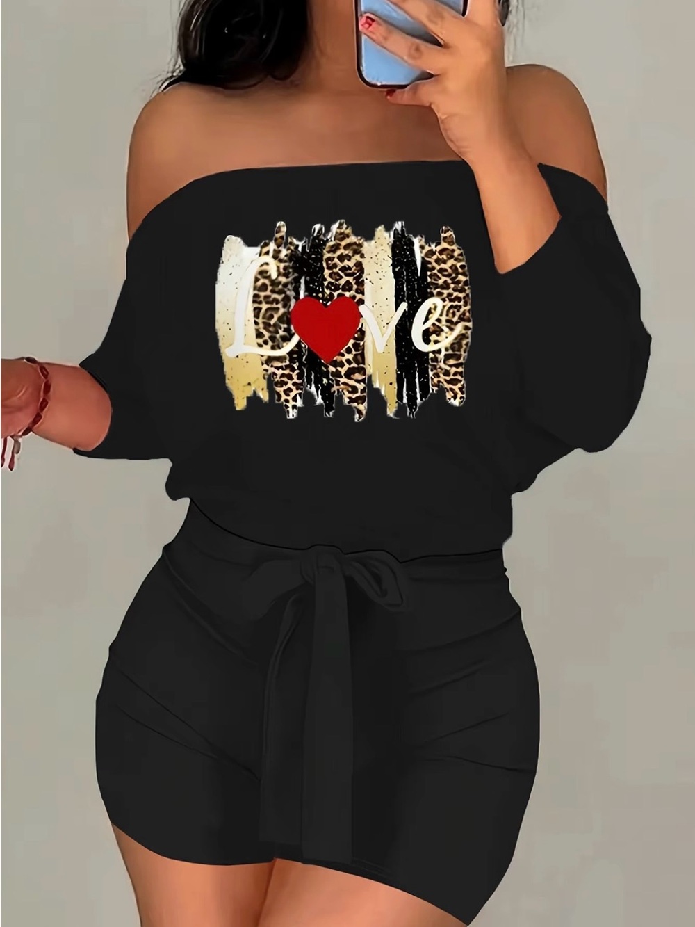 Black Off-Shoulder 'Love' Sweater with Leopard Print Accent